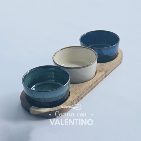 Set Bowls Ceramica con Bandeja Madera - 3 Un